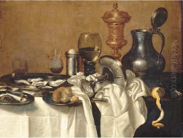 Oysters, A Bun And Smoking 
Utensils On Pewter Plates, With Anupturned Silver Tazza, A Knife, A 
Partly-peeled Lemon, An Upturnedberkemeier, A Silver Salt And A Giant 
Roemer On A Partly-drapedtable Oil Painting by Cornelis Mahu