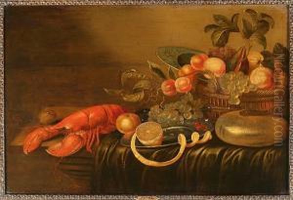 A Lobster, A Walnut, An Orange, A
 Peeled Lemon On A Pewter Plate, Cherries, White Grapes With A Basket Of
 Fruit, A Porcelain Dish And A Nautilus Shell On A Partially Draped 
Table Oil Painting by Cornelis Mahu
