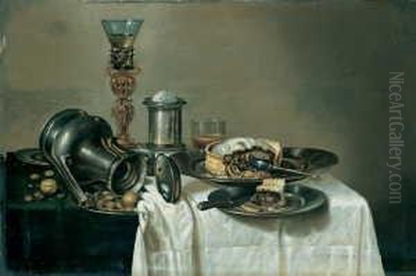 Banketje. Auf Einem Tisch Ein 
Teller Mit Einer Pastete Und Nussen, Ein Salzfas, Eine Umgelegte Kanne, 
Ein Romer Und Ein Bierglas. Oil Painting by Cornelis Mahu