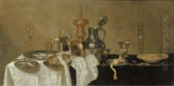 An Upturned Tazza, A Roemer, A 
Facon-de-venise Glass, Oysters, A Bun, A Lemon, A Knife And A Tazza On 
Pewter Plates, With A Porcelain Bowl On A Partly-draped Ledge Oil Painting by Cornelis Mahu
