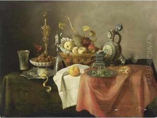A Sumptuous Still Life With A 
Silver-gilt Beaker, A Lemon On A Silver-gilt Pointed Dish, Walnuts In A 
Porcelain Bowl, A Silver Gilt Cup With Cover, A Silver-gilt Mill Glass, A
 Quince, An Apple, A Peach, Grapes, And Oranges In A Basket Together 
Wit Oil Painting by Cornelis Mahu