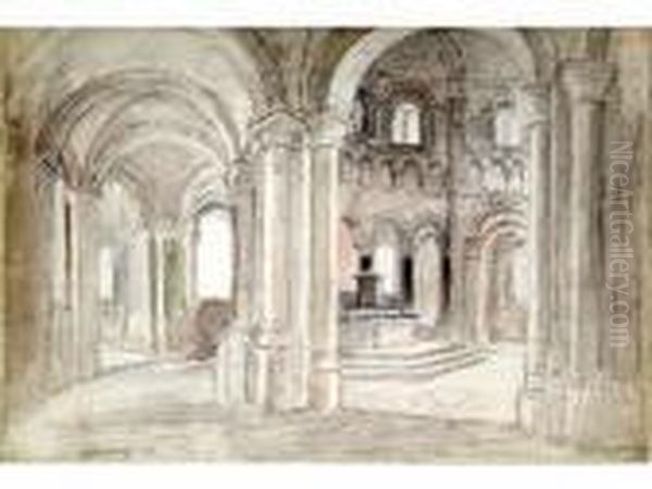 Vue Interieure De L Abbaye De St
 Benoit. Crayon, Aquarelle Et Fusain Sur Papier. Signe En Bas A Gauche. 
31.70 X 46 Cm Oil Painting by Diogene Ulysse N. Maillart