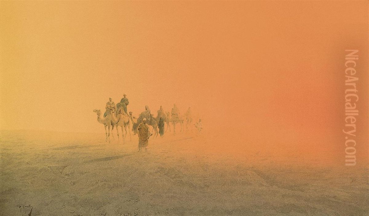 A Camel Train Emerging From The Desert Oil Painting by Raffaele Mainella