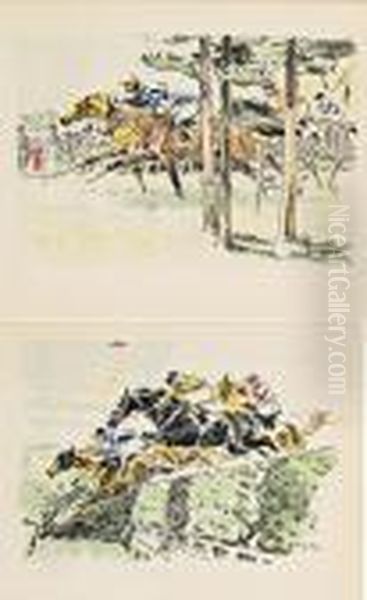 Scenes De Course, La Course, Le 
Saut De La Haie, Le Franchissement De La Riviere Et L'arrivee Oil Painting by Louis-Ferdinand Malespina