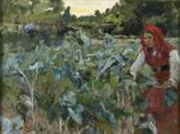 Jose Malhoa, Jose Vital 
Brancomalhoa (1855-1933) Na Horta Oleo Sobre Tela, Colada Sobre 
Madeiraassinado E Datado De 1924 (?) Dim.: 24 X 32,2 Cm Oil Painting by Jose Malhoa