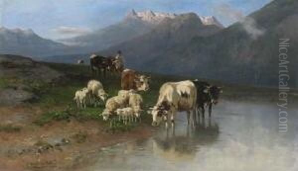 Kuhe Und Schafe Am Ufer Eines
 Gebirgssees. Oil Painting by Christian Friedrich Mali