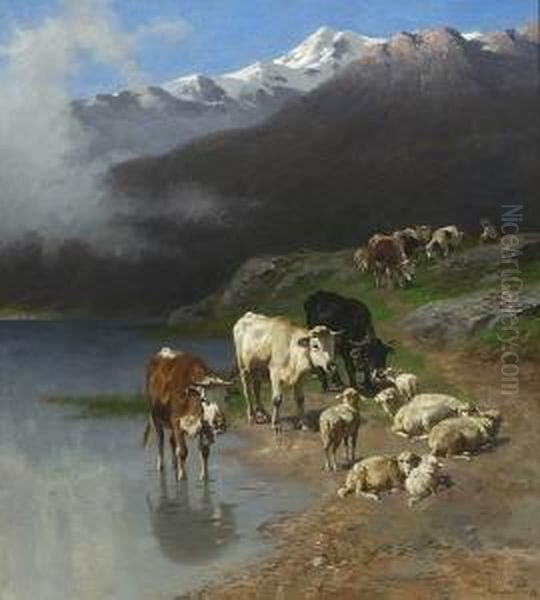 Kuhe Und Schafe Mit Einem
 Huterjungen Am Ufer Eines Gebirgsees. Oil Painting by Christian Friedrich Mali