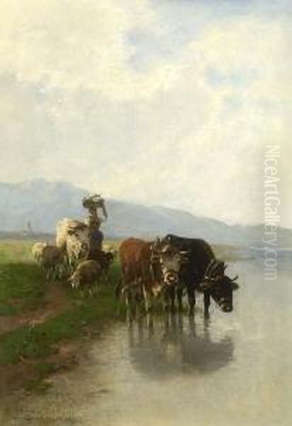Hirtin Mit Schafen Und Ochsen An
 Der Tranke Oil Painting by Christian Friedrich Mali