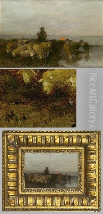 Schafer Mit Herde Am Abendlichen See Oil Painting by Christian Friedrich Mali