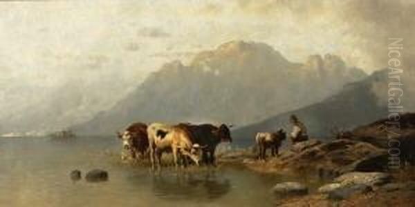 Hirte Mit Kuhen Am Ufer Eines
 Gebirgssees. Oil Painting by Christian Friedrich Mali