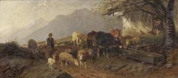 Bergbauernhof Mit
 Viehherde. Oil Painting by Christian Friedrich Mali