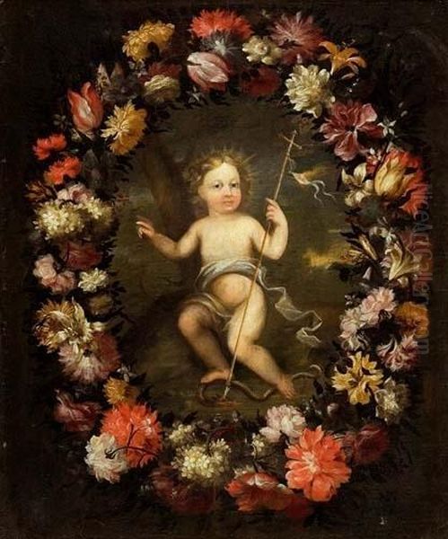 Corona Di Fiori Centrata Da Ges?. Oil Painting by Nicola Malinconico