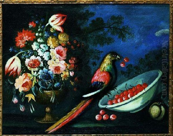 A Bouquet Of Summer Flowers, 
Including Peonies, Tulips And Otherflowers With A Parrot Picking Ripe 
Cherries From An Overturnedbowl, In A Landscape Oil Painting by Nicola Malinconico