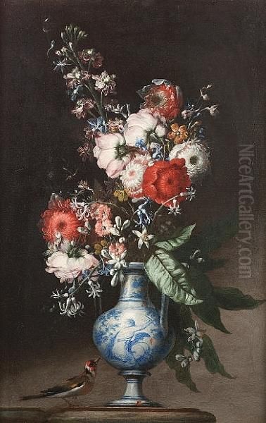 Chrysanthemums, Roses, Bluebells
 And Other Flowers In A Blue And White Vase On A Stone Ledge With A 
Greenfinch Nearby Oil Painting by Nicola Malinconico