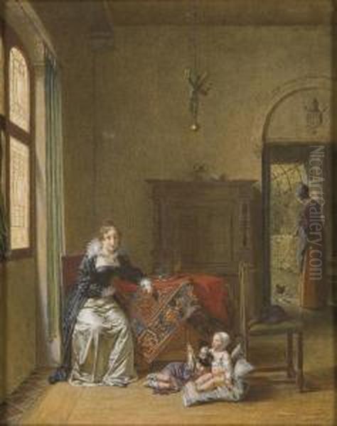 Une Femme Assise Dans Un 
Interieur Hollandais Surveillant Ses Enfants, Une Gouvernante A 
L'arriere-plan Oil Painting by Jean-Baptiste Mallet