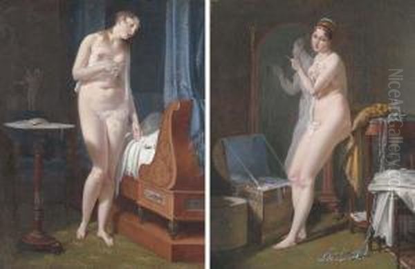 La Veille Du Mariage: A Nude 
Woman Standing By A Bedridden Man; Andle Lendemain Du Mariage: A Nude 
Woman Bedecked With Jewels Standingby A Mirror Oil Painting by Jean-Baptiste Mallet