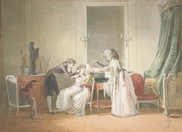 A Young Man Piercing The Ear Of A
 Young Girl Seated On The Knees Ofa Woman, Another Bringing An Earring Oil Painting by Jean-Baptiste Mallet