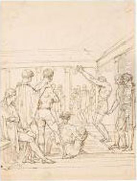 A Group Of Men Around A Swimming Pool Oil Painting by Jean-Baptiste Mallet