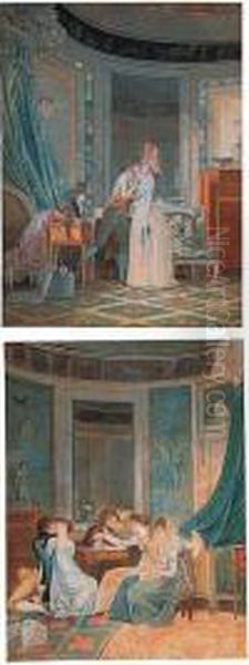 Elegant Interior With A Young 
Couple Embracing And Interior With Couples At A Table: A Pair Of 
Gouaches Oil Painting by Jean-Baptiste Mallet