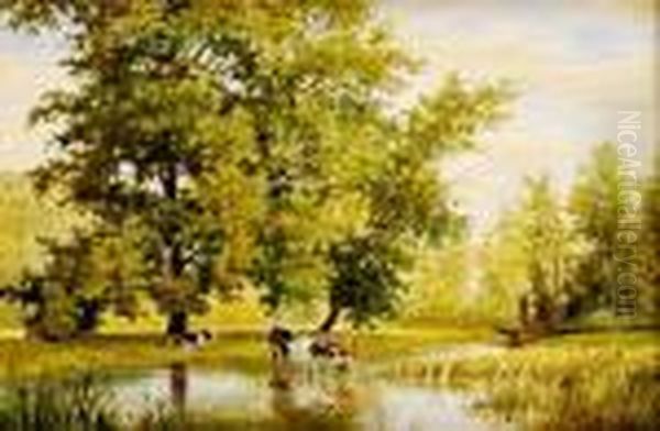 Kravy Pri Jazierku Oil Painting by Gustav Mally