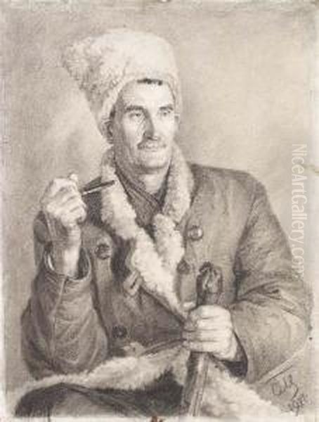Portrait Of Man In A Shapka, With Pipe And Stick Oil Painting by Sergei Vasilievich Malyutin