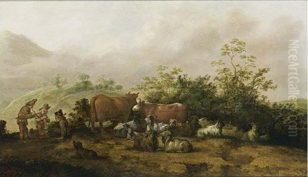 Shepherds Resting With Their Cattle, Goats And Dog In A Hilly Landscape Oil Painting by Jacobus Sibrandi Mancandan