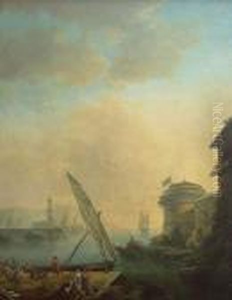 Scene De Port Mediterraneen Avec Un Marchand Oil Painting by Adriaen Manglard