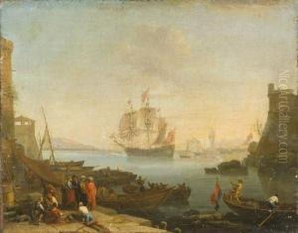 Citta' Portuale Con Figure Di Orientali Oil Painting by Adriaen Manglard