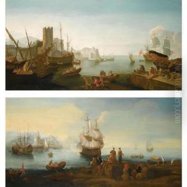 A Mediterranean Harbour Scene 
With Merchants Resting By Their Wares, A Ship Firing A Salute Beyond Oil Painting by Adriaen Manglard