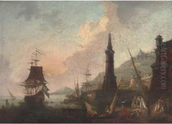 A Mediterranean Harbour With 
Elegant Company And Merchants By A Lighthouse, Shipping Beyond Oil Painting by Adriaen Manglard