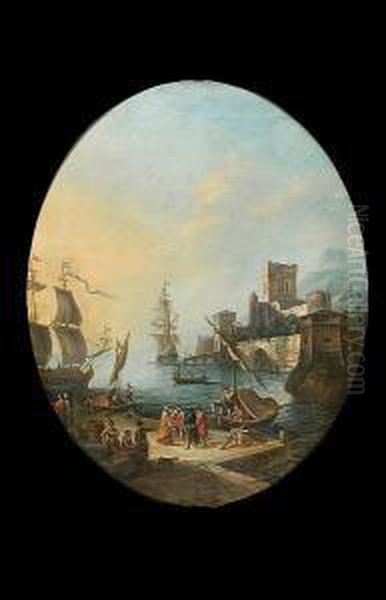 A Mediterranean Harbour With 
Elegant Figures And Stevedores On A Quay, Moored Shipping Beyond Oil Painting by Adriaen Manglard