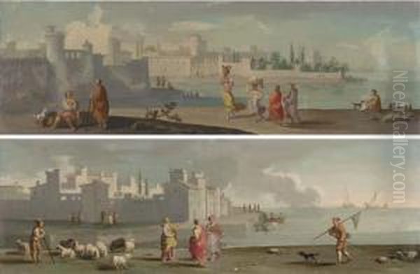 A Shepherd And His Flock, A 
Woman And A Fisherman On The Shore, A City Beyond; And Figures On The 
Shore, A Fortified City Beyond Oil Painting by Adriaen Manglard
