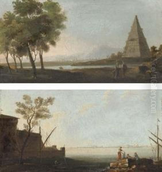 A Mediterranean Coastal Inlet 
With Fishermen By The Shore; And Ariver Landscape With Figures In The 
Foreground, A Pyramidbeyond Oil Painting by Adriaen Manglard
