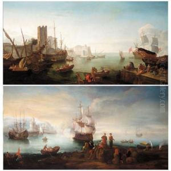 A Mediterranean Port Scene With 
Figures Unloading A Boat On A Quay, Ships At Anchor Beyond Oil Painting by Adriaen Manglard