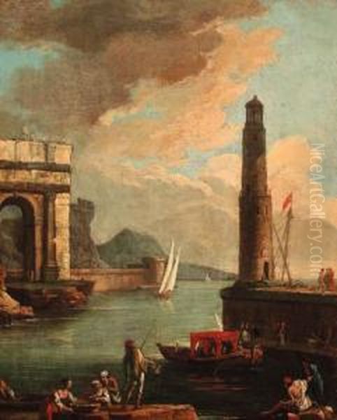 A Mediterranean Harbour With 
Peasants On The Shore With A Launch Bya Quayside And A Tower Beyond Oil Painting by Adriaen Manglard