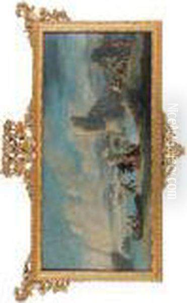 Una Coppia Galante All'imbarco 
Con Astanti Su Una Costamediterranea, Con Una Fortificazione Diroccata Oil Painting by Adriaen Manglard