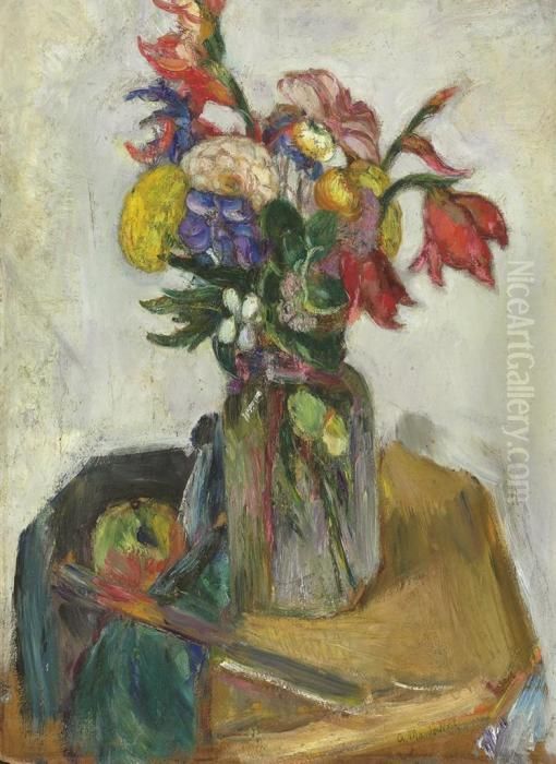 Still Life With Apple And Flowers Oil Painting by Abraham Manievich