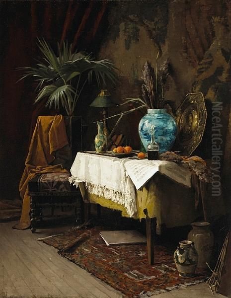 An Interior With A Still Life Of
 An Oriental Vase, Oranges, A Carafe Of Wine And A Sheet Of Music On A 
Table Oil Painting by Alexander Mann