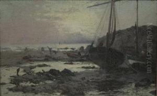 Beached Fishing Boat And Figures
 On The Shoreline At Low Tide; Figures Beside A River At Dusk Oil Painting by William Manners