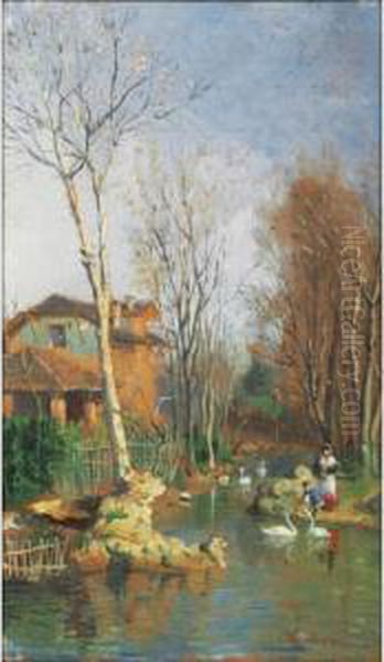 Bord De Riviere Avec Des Cygnes [
 ; Swans On A River ; Oil On Panel Signed And Located Lower Left G. 
Mantegazza Milano] Oil Painting by Giocomo Mantegazza