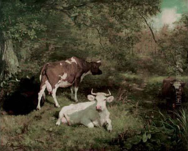 < Troupeau Sous Les Arbres >, 1881. Oil Painting by Adolphe Charles Marais