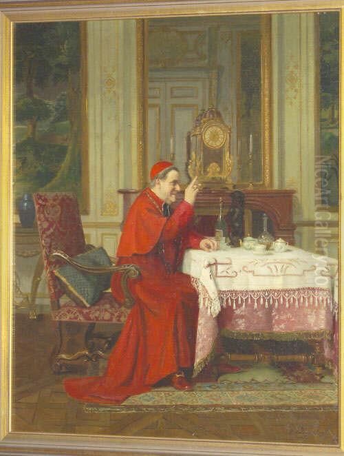 Interior Scene With A Cardinal 
Seated At A Table Feeding A Small Dog Signed, Also Inscribed On A Label 
Verso Oil Painting by Victor Marais-Milton