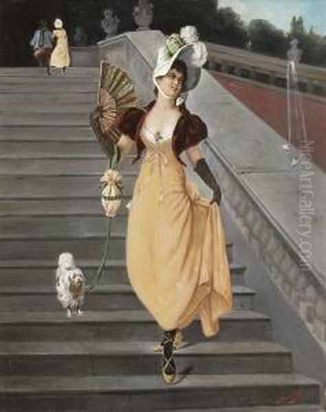 Junge Dame Mit Facher Auf Der
 Treppe. Oil Painting by Andre Marchand