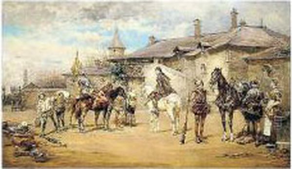 Cavalieri (cavaliers' Halt) Oil Painting by Ludovico Marchetti