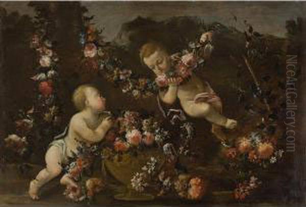 Natura Morta Di Fiori Con Due Putti Oil Painting by Elisabetta Marchioni