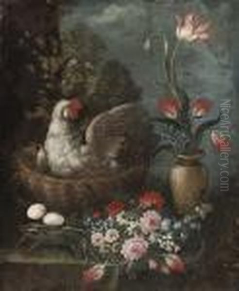 A Nesting Hen With A Bunch Of Anemones Oil Painting by Elisabetta Marchioni