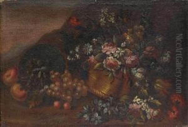 Grapes And Apples Beside A 
Basket Filled With Roses, Tulips, Narcissi And Other Flowers Before An 
Open Landscape Oil Painting by Elisabetta Marchioni