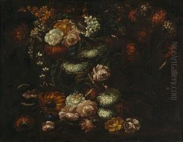 A Still Life Of A Dianthus 
Plant, Roses, And Other Flowers And Caterpillers, All Resting On A Table Oil Painting by Elisabetta Marchioni