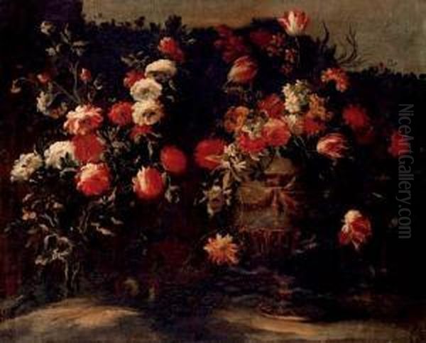 Tulips, Roses, Daffodils And Other Flowers In An Urn, On A Stone Oil Painting by Elisabetta Marchioni