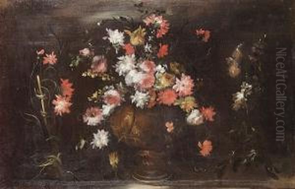 Tulips, Roses, Chrysanthemums And Other Flowers In A Bronze Urn Oil Painting by Elisabetta Marchioni
